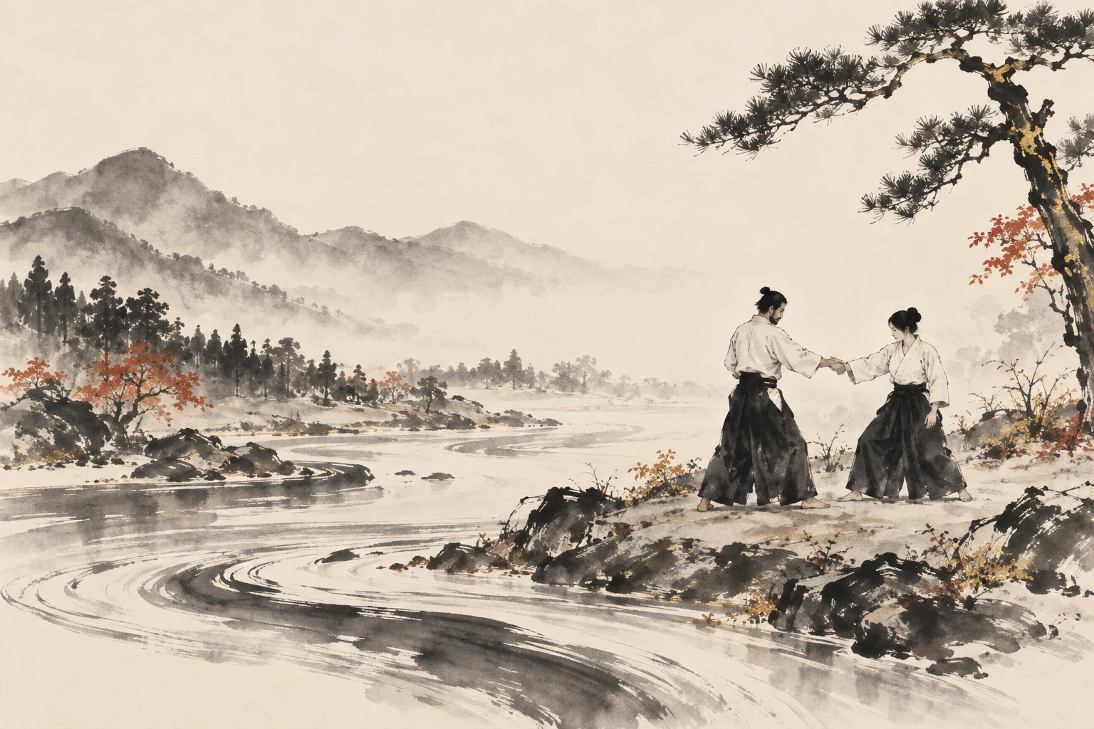 Zwei gezeichnete Aikibudō-Übende in respektvollem Kontakt an einem Fluss