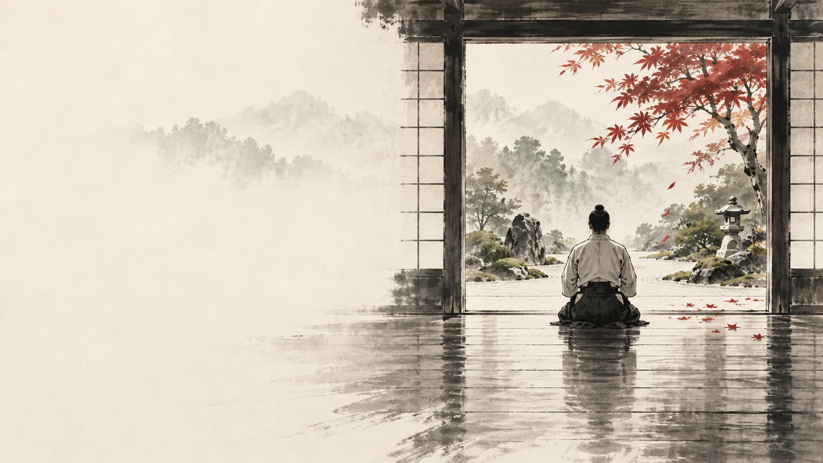 Ein Aikido-Übender sitzt gesammelt im Dojo