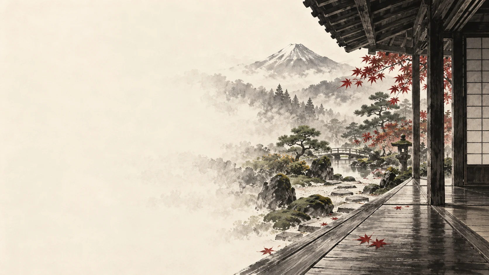 Blick von einer japanischen Dojo-Veranda in einen Garten