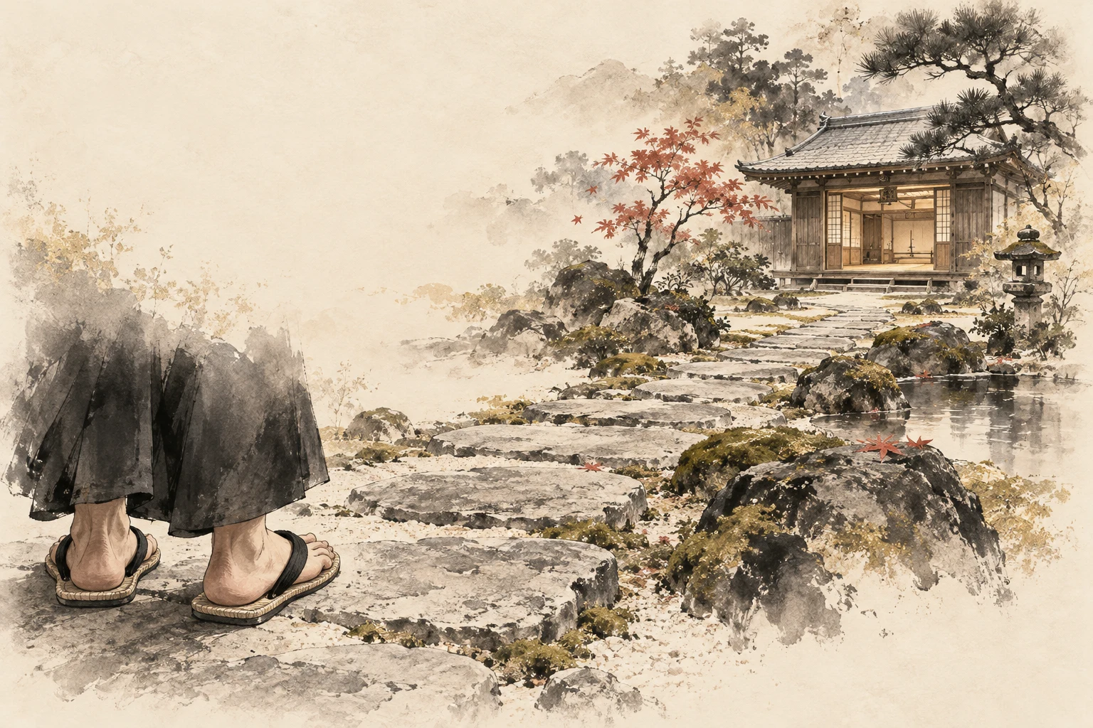 Zwei Füße in japanischen Sandalen vor einem Gartenweg, der diagonal zu einem Dojo führt