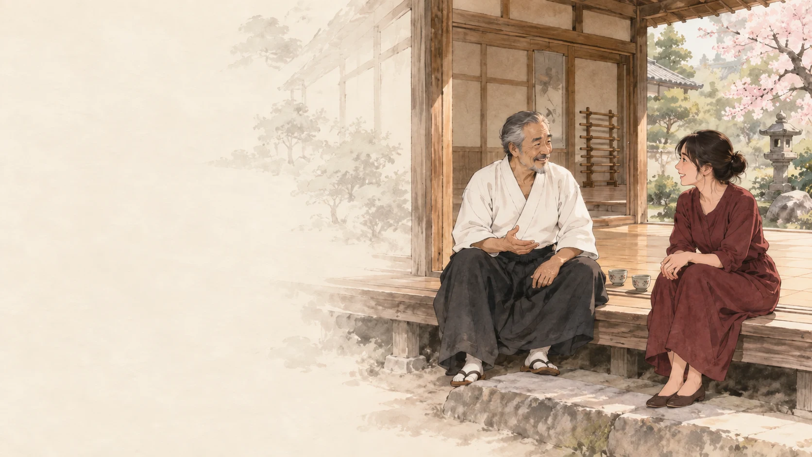 Ein freundliches Gespräch am offenen Dojo – symbolische Tuscheillustration