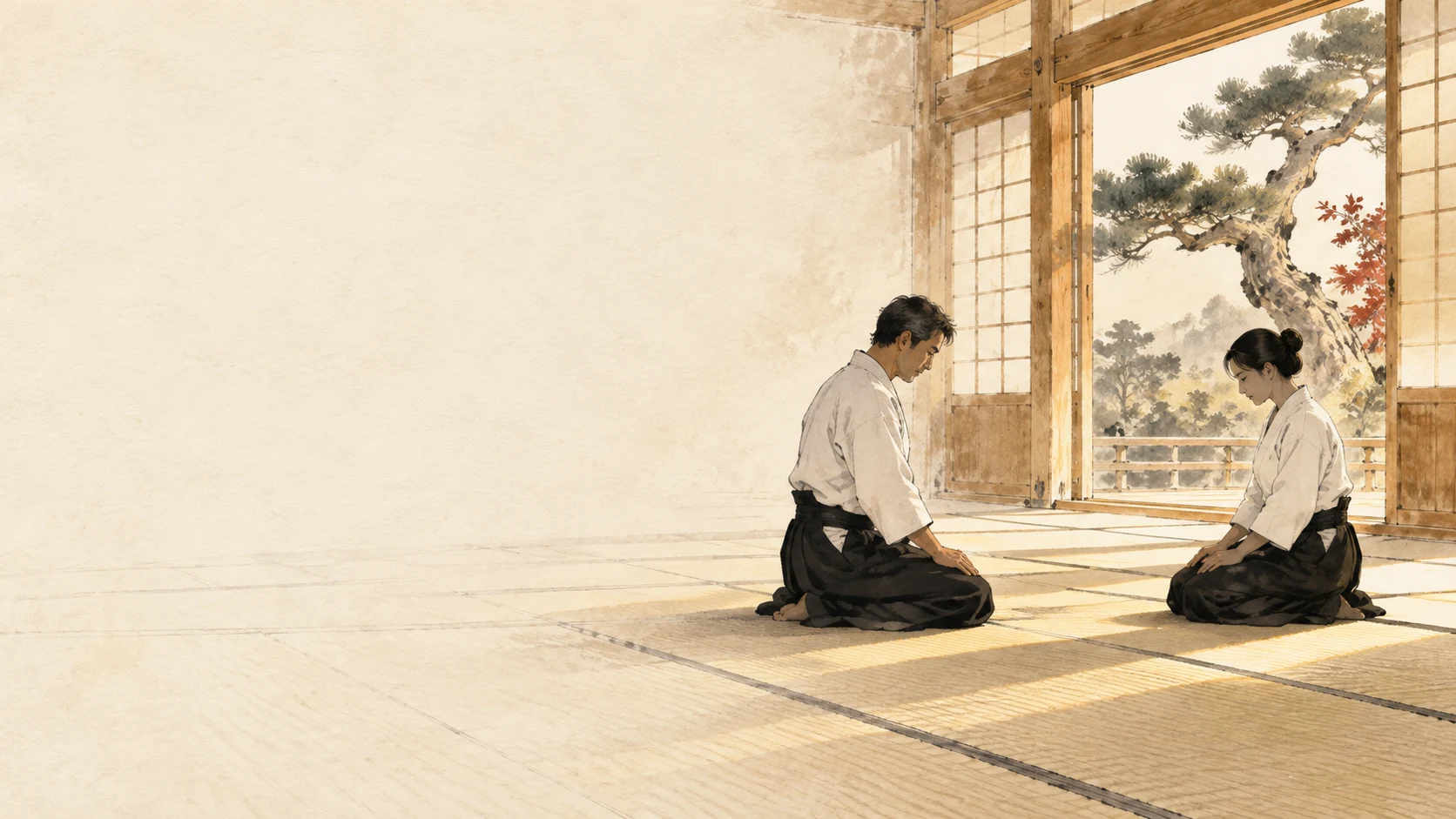 Zwei Übende begegnen sich aufmerksam im Dojo – symbolische Tuscheillustration