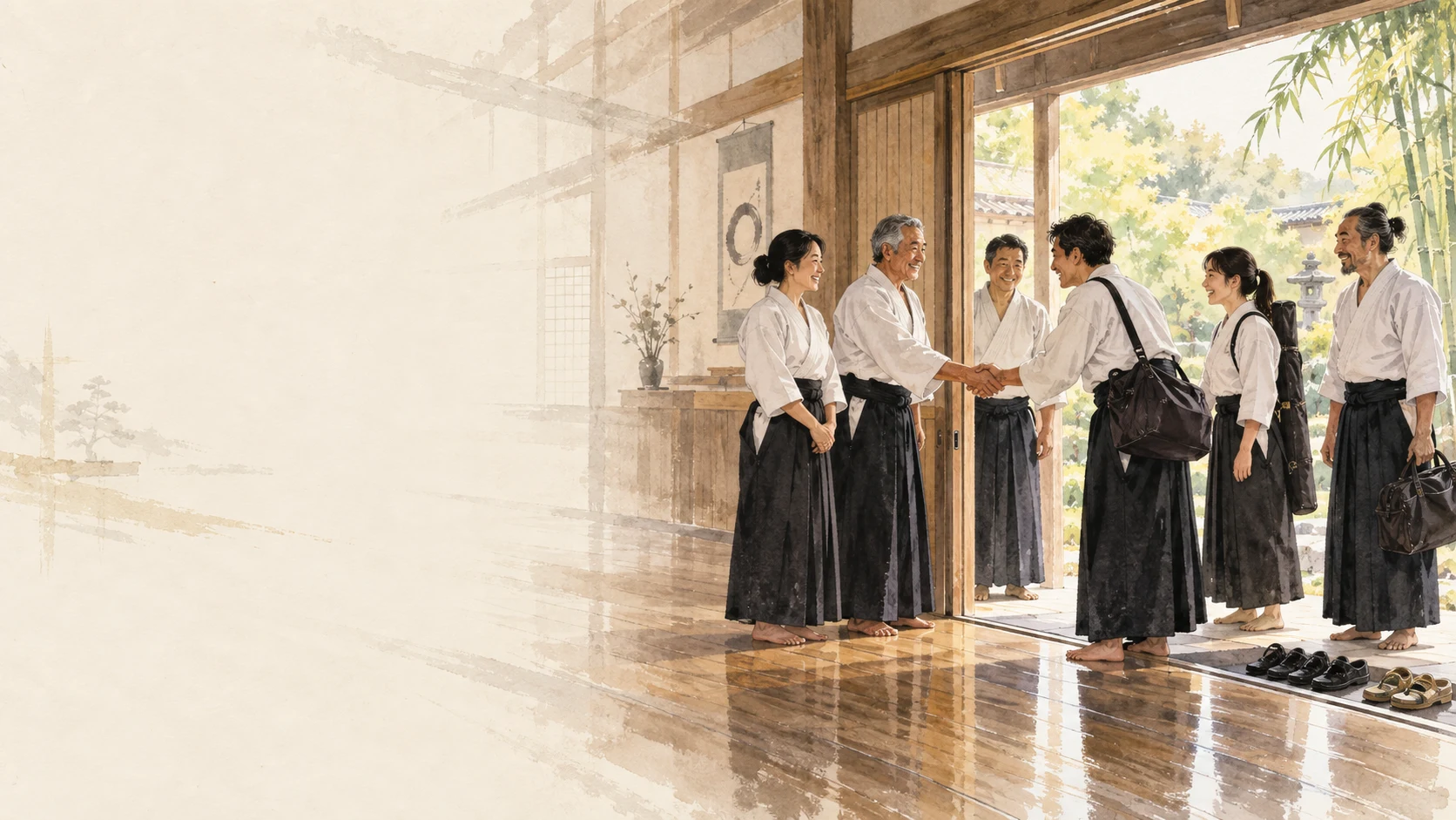 Budōka begegnen sich am Dojo – symbolische Tuscheillustration