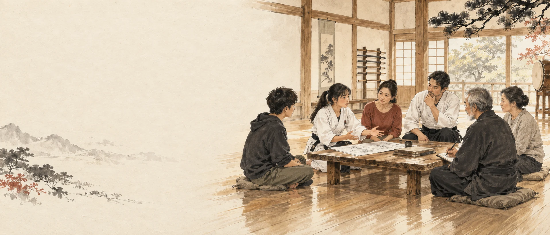 Junge und ältere Menschen tauschen sich an einem Tisch im Dojo aus – symbolische Tuscheillustration